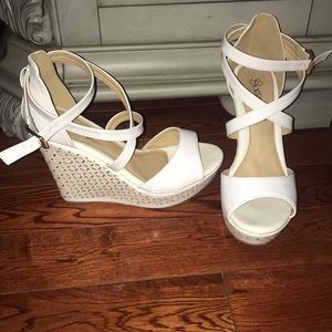 Strapped white wedges